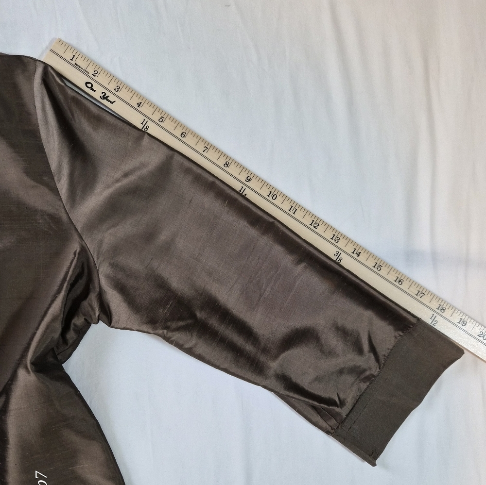 Allion Taylor Gold Silk Satin Band Collar V-Neck Blouse - Long Sleeve - Picture 7 of 7